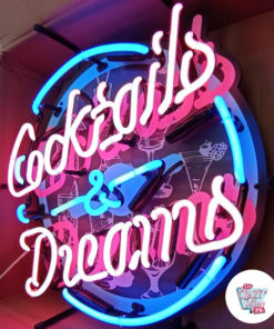 Neon Cocktails and Dreams sign tilted on