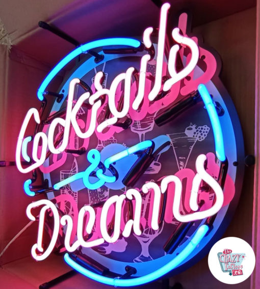 Neon Cocktails and Dreams sign tilted on