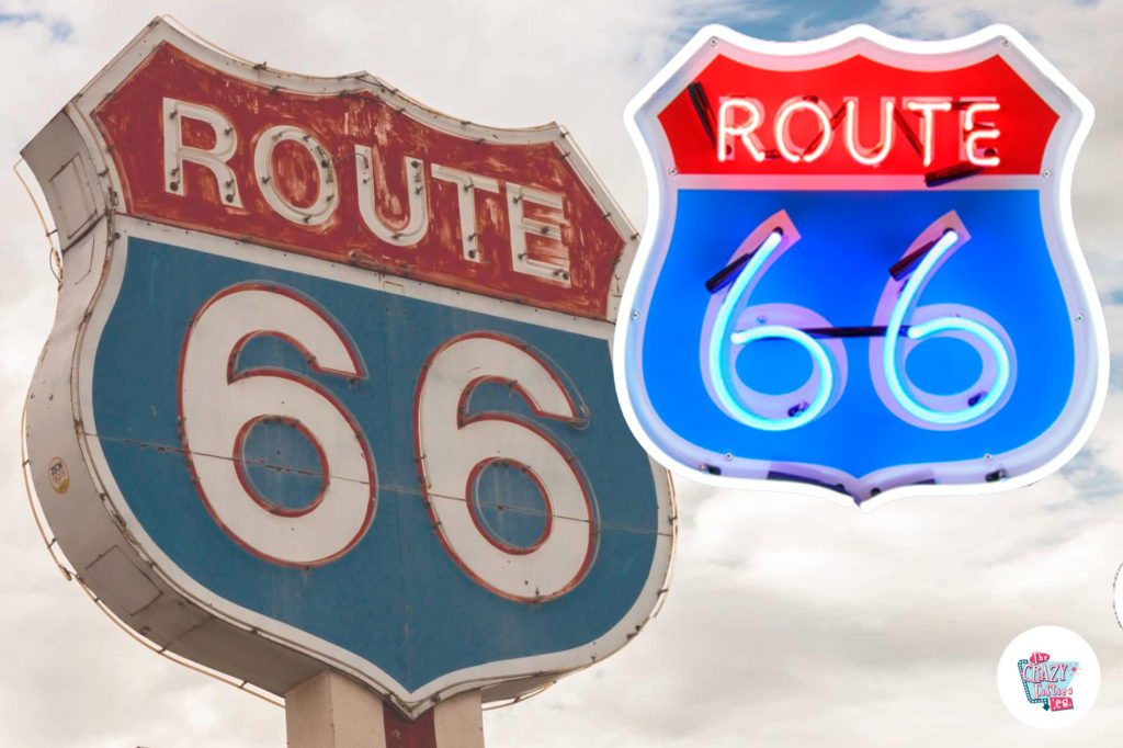 Neon Route 66 sign with road background