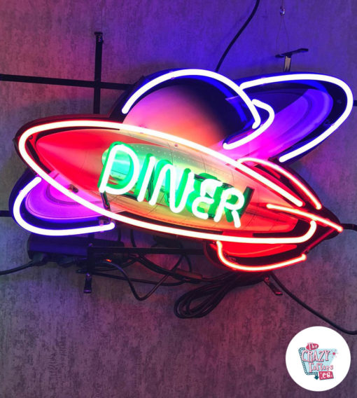 Cartel Neon Diner Rocket Space encendido