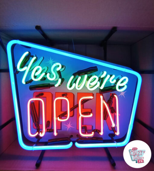 Neon Yes we're open sign in front