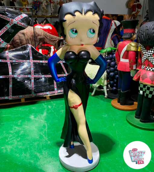 Figura Betty Boop Pinup em escala real, vestido preto com luvas azuis