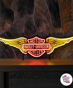 Insegna gialla con ali di Harley Davidson al neon